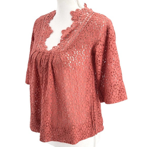 Staring at Stars Womens Size XS Crochet Lace Blouse 3/4 Sleeve Coral Pullover - Picture 6 of 9